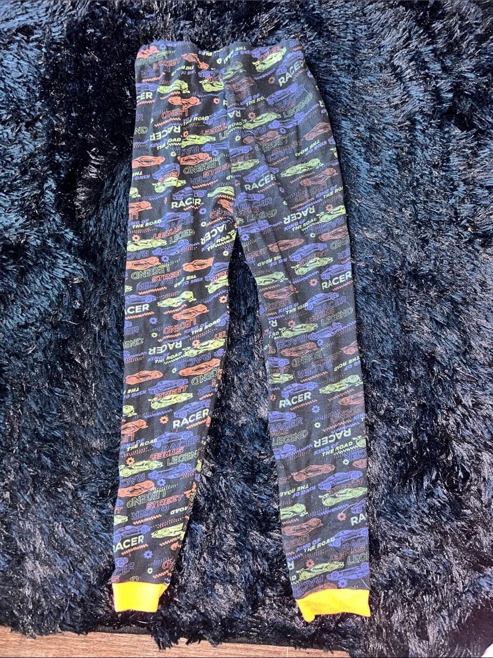 Kids Black Racer Print Pajama Set with Orange Cuffs
